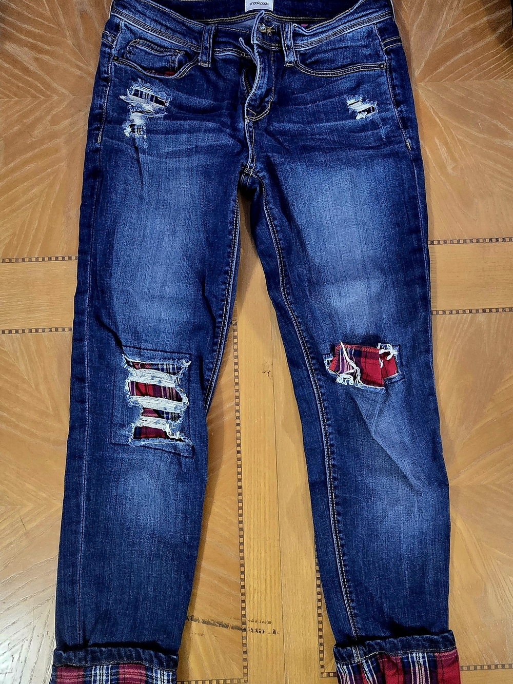 Sneak Peek Dark Blue Boyfriend Jeans with Red Plaid Accents